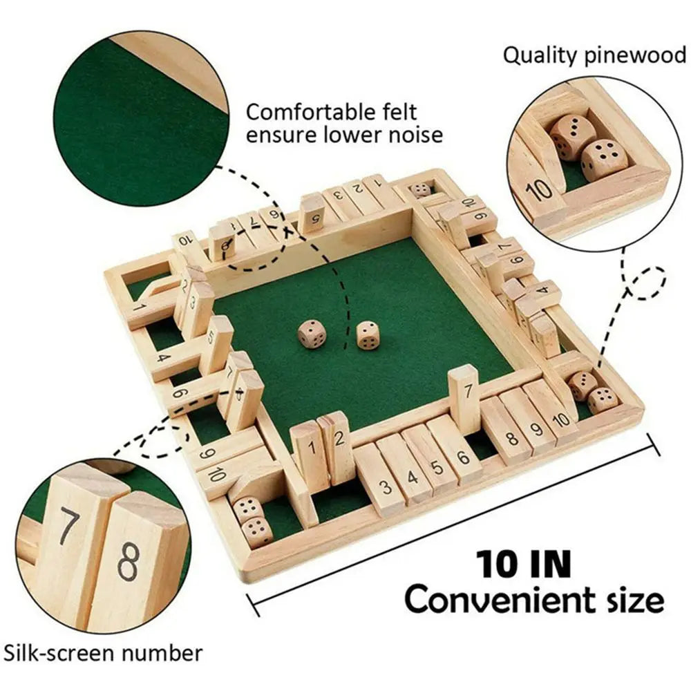 Shut the Box Dice Board Game Wooden Flaps & Dices Game 4 Players Pub Bar Party Supplies Family Entertainment for Kids & Adults